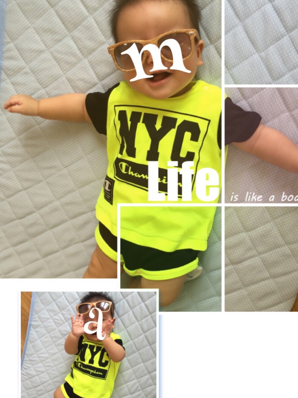 「baby、男の子、6ヶ月、親バカ」｜「Birthdayのアイテム（ロンパース、イエロー系）」を使った、makya‼︎さん（キッズ・70cm）の夏コーディネートの1枚目の写真