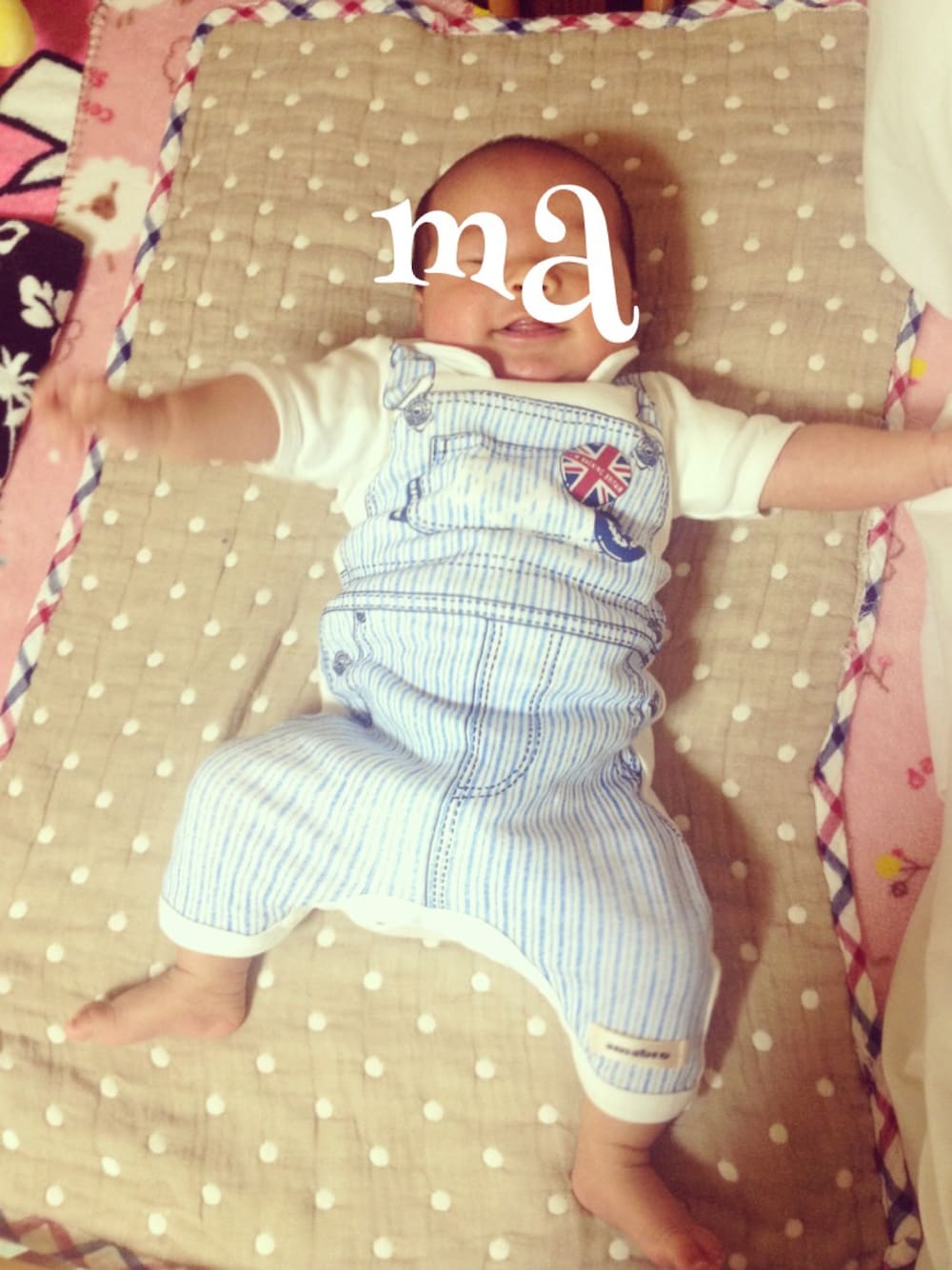 「親バカ、1ヶ月、baby、男の子」｜「amabroのアイテム（ロンパース、ホワイト系）」を使った、makya‼︎さん（キッズ・60cm）の秋コーディネートの1枚目の写真