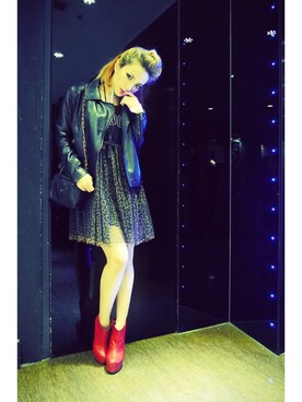 「NATURAL BEAUTY BASIC（ナチュラルビューティーベーシック）のアイテム（ライダースジャケット）」を使った、natalie*田小熙さん（レディース・153cm）の冬コーディネート