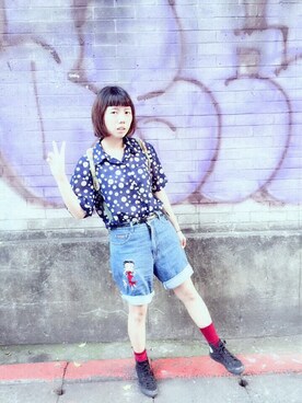 「人魚羨のアイテム（シャツ/ブラウス、ブルー系）」を使った、pitzさん（レディース・158cm）の春コーディネート