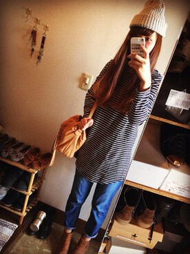 「ボーイフレンドデニム」｜「アイテム（チュニック）」を使った、maminnieさん（レディース・170cm）の冬コーディネート