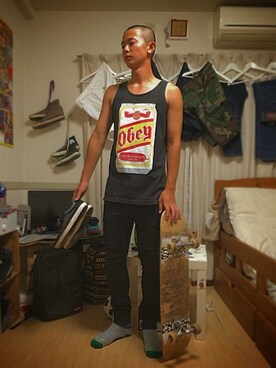 「OBEY」｜「アイテム（タンクトップ）」を使った、YUTAROさん（メンズ・178cm）の夏コーディネート