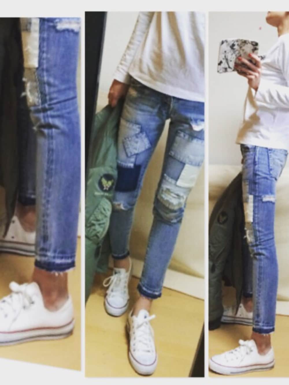 「ミリタリー、リメイク、デニム、コンバース、converse」｜「Rodeo Crownsのアイテム（デニムパンツ、ブルー系）」を使った、haruharu0907さん（レディース・165cm）の冬コーディネートの1枚目の写真