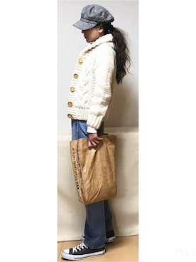 「カウチンセーター」｜「アイテム（クラッチバッグ）」を使った、haruharu0907さん（レディース・165cm）の冬コーディネート