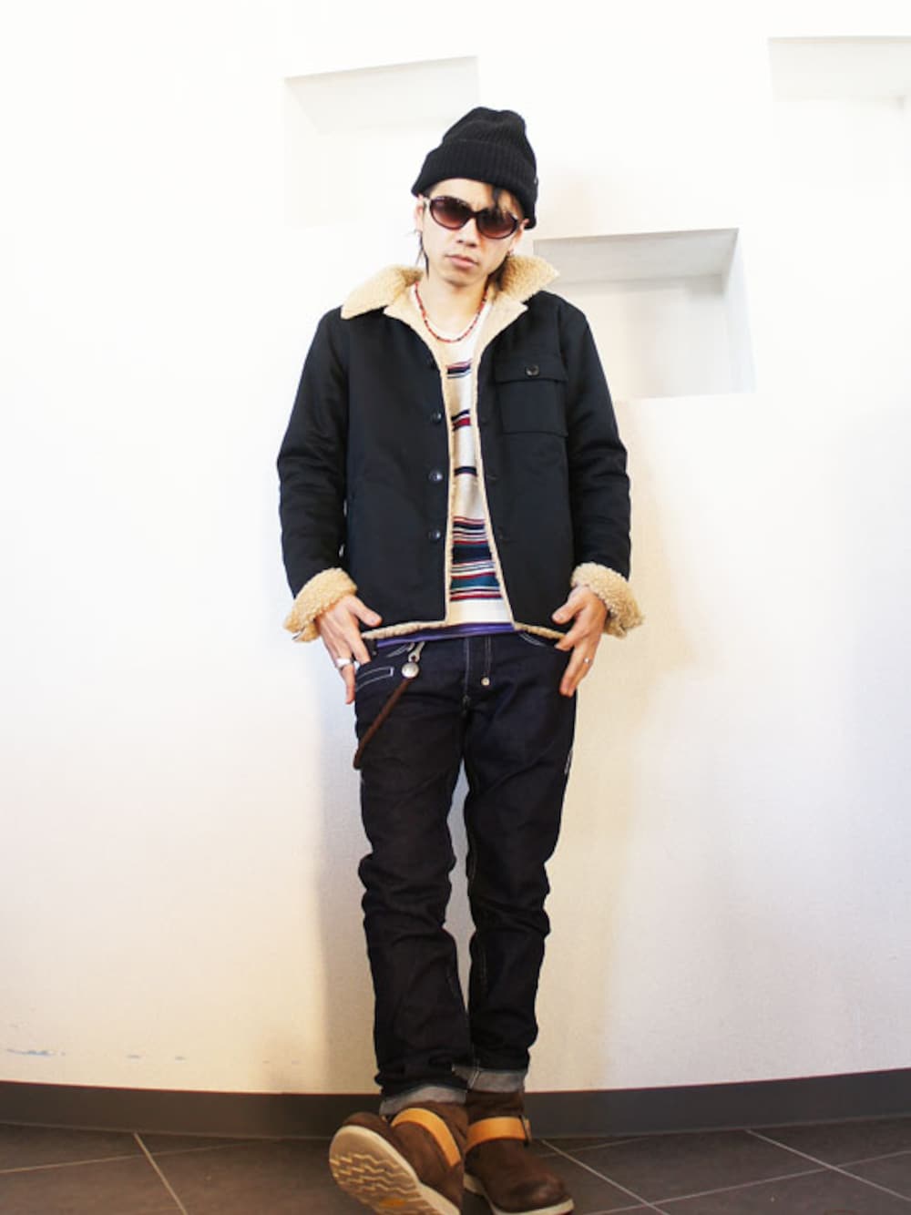 「カジュアル、HiLDK、Subciety、ストリートカジュアル、Burnout」｜「81LDKのHI LDK(ハイエルディーケー) BOA JKT -broadway-（その他アウター、ブラック系）」を使った、MOREGAUCHE2KAZUYAさん（メンズ・169cm）の冬コーディネートの1枚目の写真