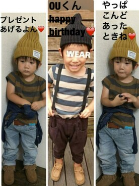 「アイテム（ラッピングキット、レッド系）」を使った、JINさん（キッズ・80cm）の秋コーディネート