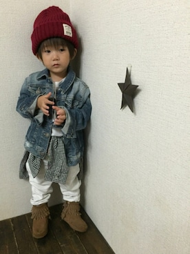 「2歳3ヶ月」｜「アイテム（デニムジャケット）」を使った、JINさん（キッズ・80cm）の秋コーディネート