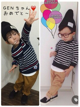 「アイテム（ラッピングキット、レッド系）」を使った、JINさん（キッズ・80cm）の秋コーディネート