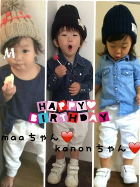 「アイテム（ラッピングキット、レッド系）」を使った、JINさん（キッズ・80cm）の秋コーディネート