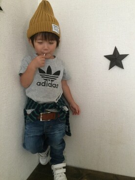 「アイテム（ラッピングキット、レッド系）」を使った、JINさん（キッズ・80cm）の秋コーディネート