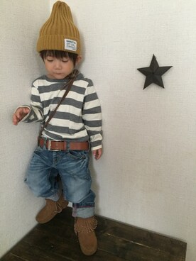 「アイテム（ラッピングキット、レッド系）」を使った、JINさん（キッズ・80cm）の秋コーディネート