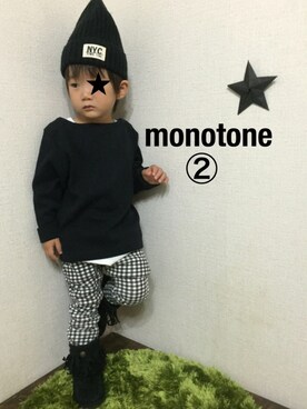 「アイテム（ラッピングキット、レッド系）」を使った、JINさん（キッズ・80cm）の秋コーディネート