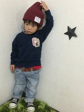 「アイテム（ラッピングキット、レッド系）」を使った、JINさん（キッズ・80cm）の秋コーディネート