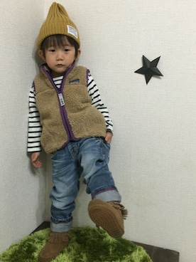 「アイテム（ラッピングキット、レッド系）」を使った、JINさん（キッズ・80cm）の秋コーディネート