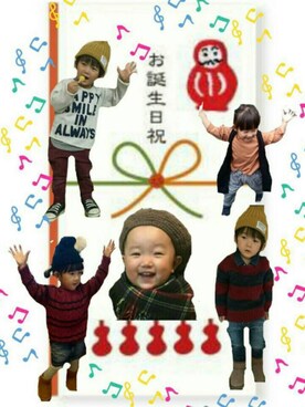 「アイテム（ラッピングキット、レッド系）」を使った、JINさん（キッズ・80cm）の秋コーディネート