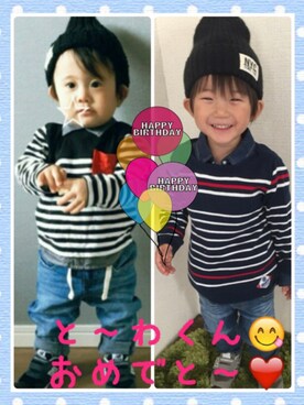 「アイテム（ラッピングキット、レッド系）」を使った、JINさん（キッズ・80cm）の秋コーディネート