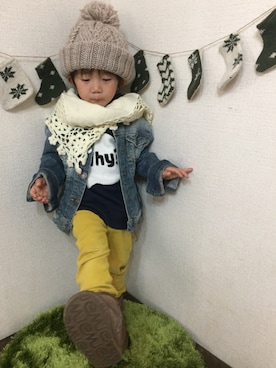 「アイテム（ラッピングキット、レッド系）」を使った、JINさん（キッズ・80cm）の秋コーディネート