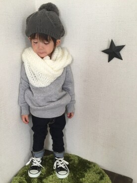 「アイテム（ラッピングキット、レッド系）」を使った、JINさん（キッズ・80cm）の秋コーディネート