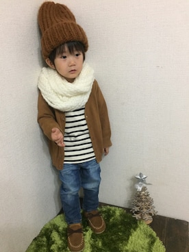 「アイテム（ラッピングキット、レッド系）」を使った、JINさん（キッズ・80cm）の秋コーディネート