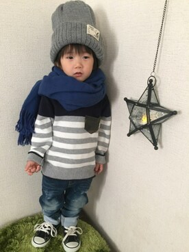 「アイテム（ラッピングキット、レッド系）」を使った、JINさん（キッズ・80cm）の秋コーディネート