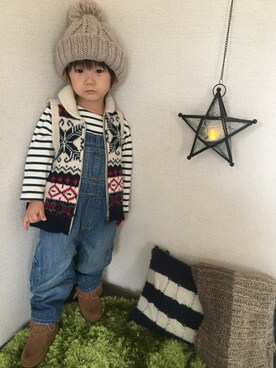 「アイテム（ラッピングキット、レッド系）」を使った、JINさん（キッズ・80cm）の冬コーディネート