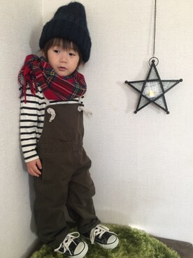 「コンバース ハイカット」｜「アイテム（オールインワン・サロペット）」を使った、JINさん（キッズ・80cm）の冬コーディネート