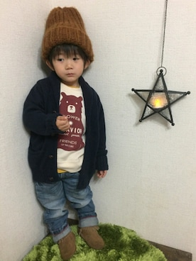 「アイテム（ラッピングキット、レッド系）」を使った、JINさん（キッズ・80cm）の冬コーディネート