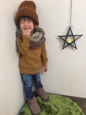 「アイテム（ラッピングキット、レッド系）」を使った、JINさん（キッズ・80cm）の冬コーディネート