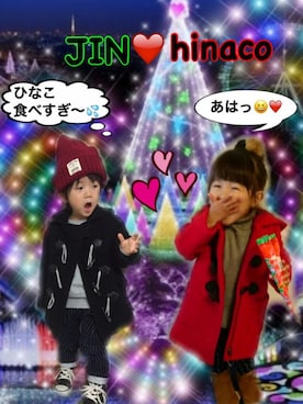 「アイテム（ラッピングキット、レッド系）」を使った、JINさん（キッズ・80cm）の冬コーディネート