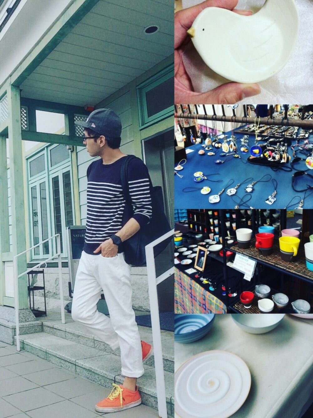 ブラック系のトートバッグ、オレンジ系のスニーカー、ホワイト系のその他パンツを着用したメンズの秋コーディネートの1枚目の写真