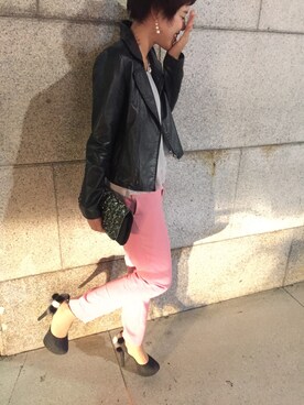 「二次会」｜「アイテム（ライダースジャケット）」を使った、Shizuka さん（レディース・170cm）の秋コーディネート