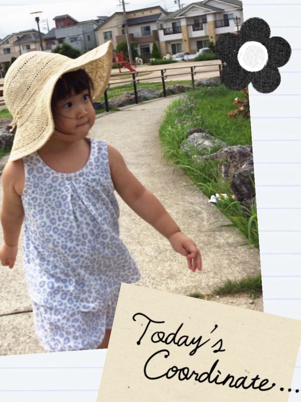 「セットアップ、ひょう柄、パステルカラー、麦わら帽子」｜「babyGAPのアイテム（タンクトップ、ブルー系）」を使った、rinamakoさん（キッズ・80cm）の夏コーディネートの1枚目の写真
