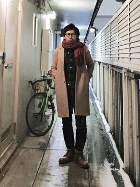 「DETAILS（ディテールズ）のアイテム（ステンカラーコート）」を使った、デニメガネさん（メンズ・169cm）の冬コーディネート