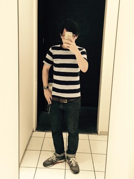 「アイテム（ボディバッグ/ウエストポーチ、ブルー系）」を使った、デニメガネさん（メンズ・169cm）の夏コーディネート