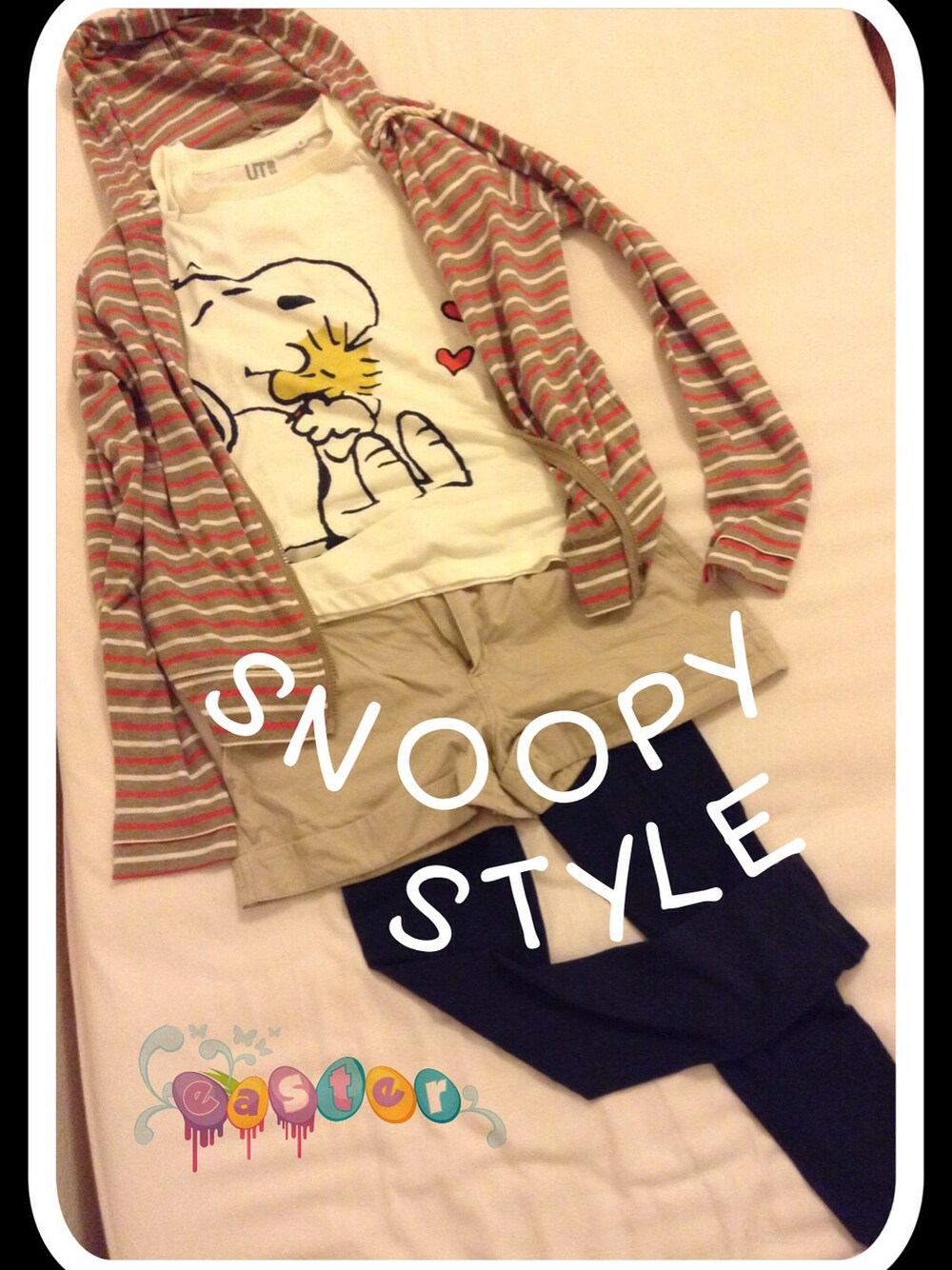 「ボーダー、ＳＮＯＯＰＹ　、パーカー、ショートパンツ、スヌーピー、フード、楽ちんスタイル、ゆる、かわいい」｜「SPIGAのサスペンダーズボン（サスペンダー、ベージュ系）」を使った、YÜiさん（レディース・164cm）の春コーディネートの1枚目の写真