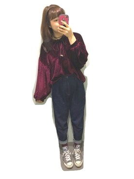 「GU（ジーユー）のアイテム（デニムパンツ、ブルー系）」を使った、りっぴさん（レディース・155cm）の秋コーディネート