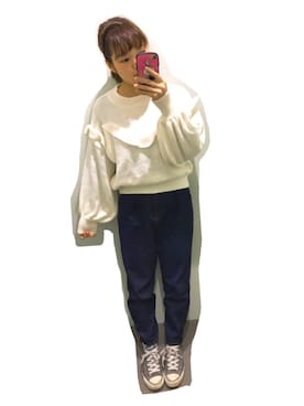 「GU（ジーユー）のアイテム（デニムパンツ、ブルー系）」を使った、りっぴさん（レディース・155cm）の秋コーディネート