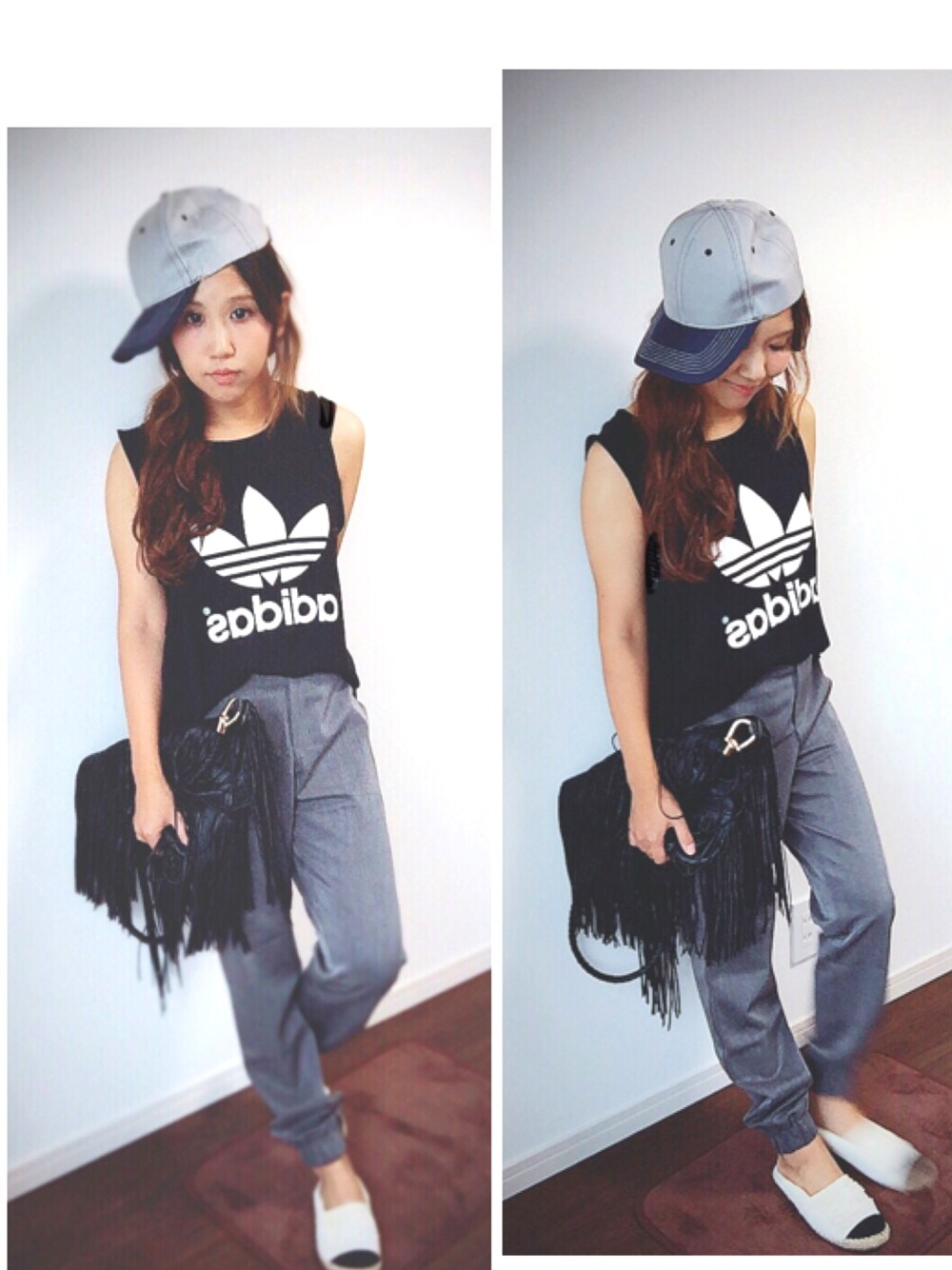 ブラック系のタンクトップ、グレー系のその他パンツ、ブラック系のショルダーバッグを着用したレディースの夏コーディネートの1枚目の写真