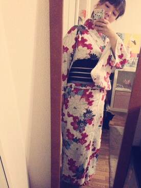 「白地に赤の浴衣♡（浴衣、レッド系）」を使った、memeさん（レディース・157cm）の夏コーディネート