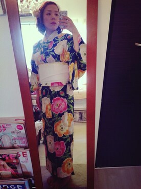 「ふりふ（フリフ）のアイテム（浴衣、ブルー系）」を使った、memeさん（レディース・157cm）の夏コーディネート