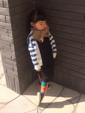 「BOBO CHOSES（ボボショーズ）のアイテム（ノーカラージャケット）」を使った、shecherさん（キッズ・90cm）の冬コーディネート