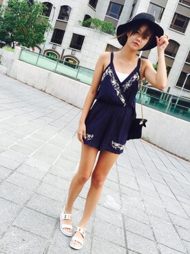「R（アール）のアイテム（つなぎ/オールインワン）」を使った、chichiさん（レディース・162cm）の夏コーディネート