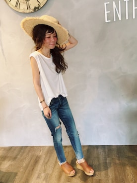 「Ungrid（アングリッド）のフレイドヘムストスリ（デニムパンツ）」を使った、SHIORI HIRAI◡̈さん（レディース・153cm）の夏コーディネート