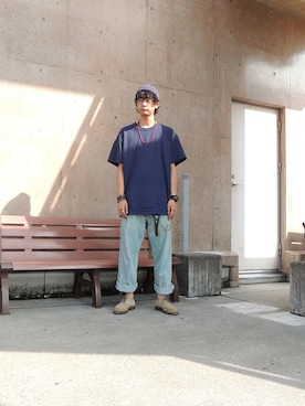 「青いTシャツ」｜「アイテム（帽子）」を使った、HitManさん（メンズ・178cm）の夏コーディネート