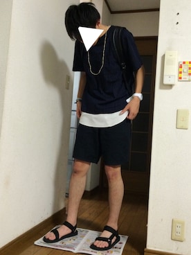 「黒リュック」｜「アイテム（サンダル）」を使った、つ猫さん（メンズ・178cm）の夏コーディネート