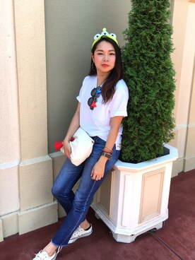 「GU（ジーユー）のアイテム（Tシャツ/カットソー、ホワイト系）」を使った、N岡さん（レディース・165cm）の夏コーディネート