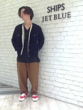 「SHIPS JET BLUE（シップスジェットブルー）のアイテム（ブルゾン）」を使った、上岡さん（メンズ・174cm）の秋コーディネート