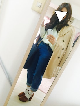 「DISCOAT（ディスコート）の【Discoat】デニムハイウエストテーパード（Denim pants、ブルー系）」を使った、miiさん（レディース・155cm）の秋コーディネート