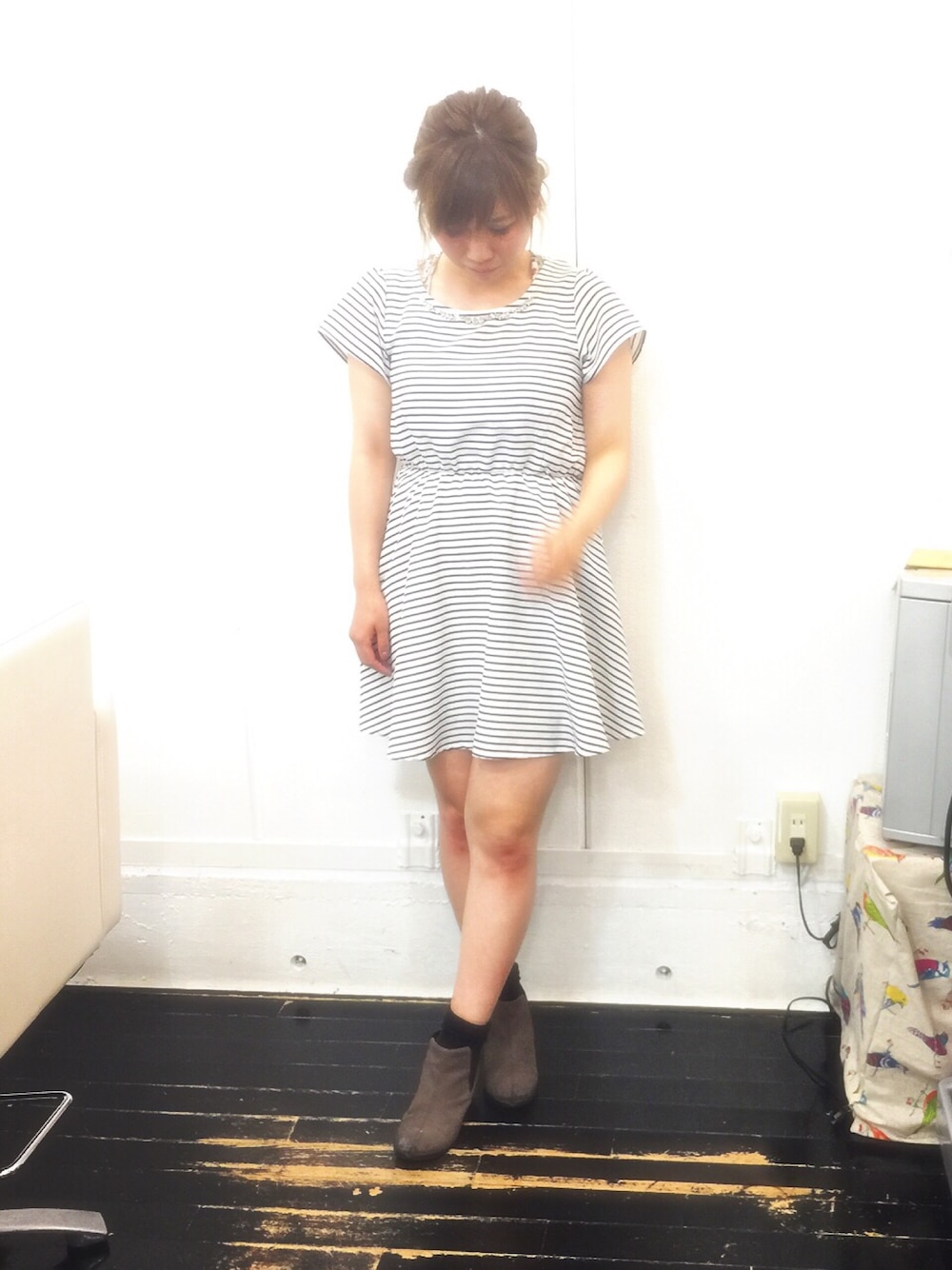 「ボーダーワンピース、サイドゴアショートブーツ」｜「PAGEBOYのアイテム（ワンピース、ホワイト系）」を使った、yukiさん（レディース・157cm）の夏コーディネートの1枚目の写真