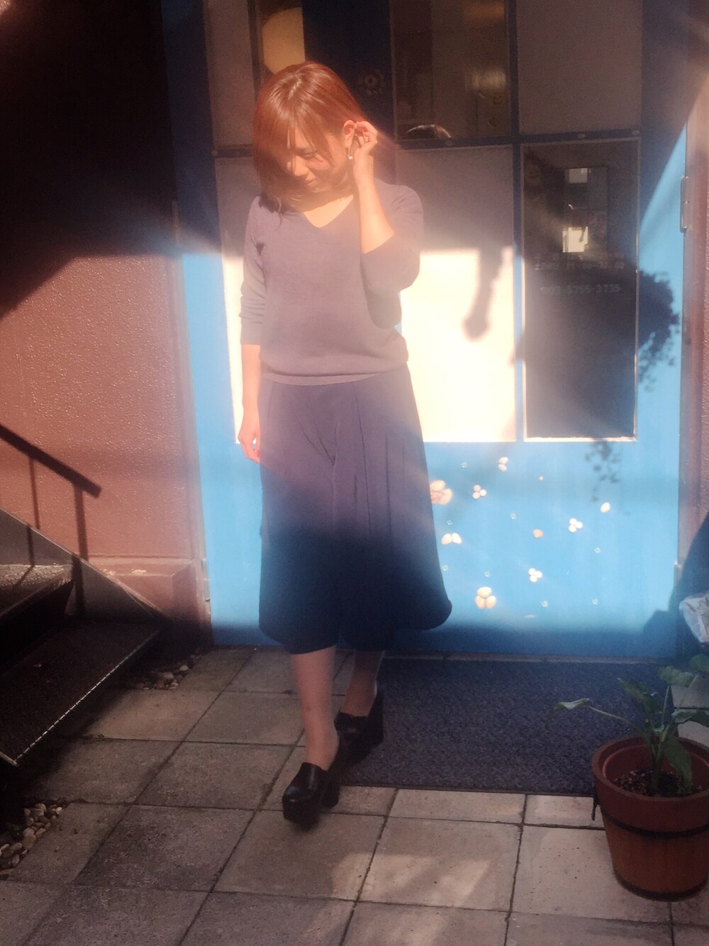 「GU、ガウチョパンツ、ゆるコーデ」｜「GUのアイテム（その他パンツ、ブルー系）」を使った、yukiさん（レディース・157cm）の秋コーディネートの1枚目の写真